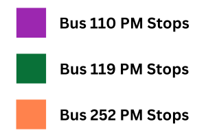 Bus Stop 110 Green, bus stop 119 purple, bus stop 252 orange